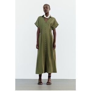 Zara Linen Blend Button Down Shirt Dress